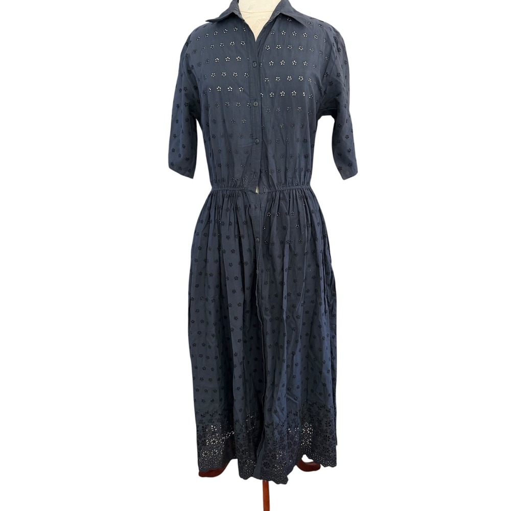 Vintage Bonnie Strauss Eyelet Dress 8  Navy Midi Cotton Boho Cowgirl Tradwife‎